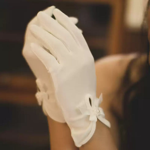 White Satin Gloves – Elegant Satin Bridal Gloves with Bow Detail